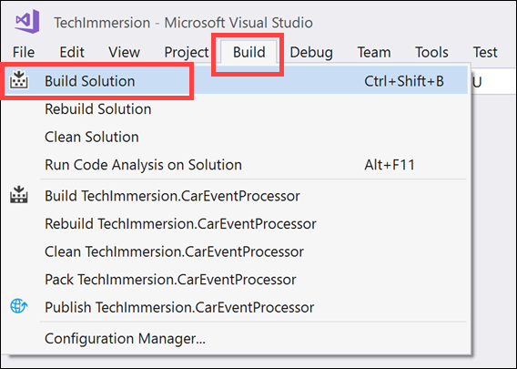 The Build menu item and Build Solution sub-menu item are highlighted.