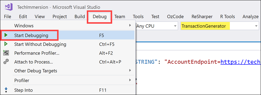 The Debug menu item and Start Debugging sub-menu item are selected