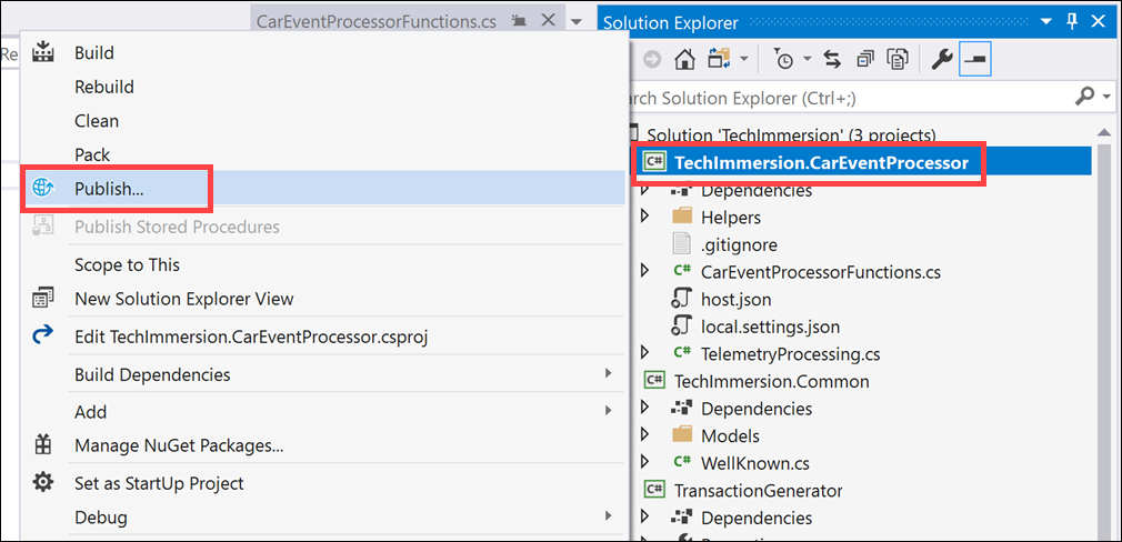 The TechImmersion.CarEventProcessor project and the Publish menu item are highlighted.