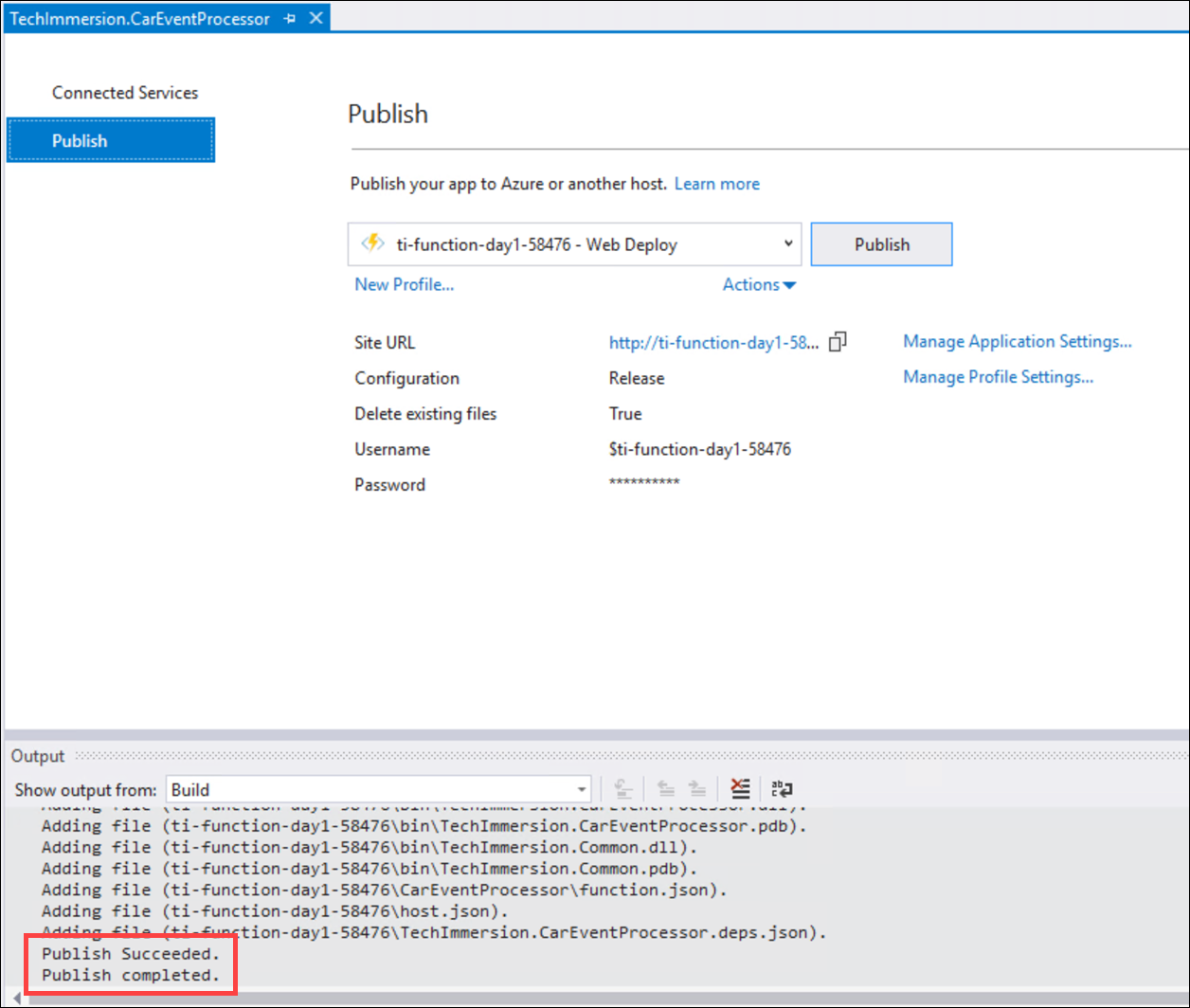The Publish Succeeded and Publish Completed messages are highlighted in the output window.