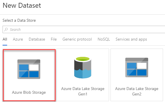 Selecting Blob Storage as the New Dataset source