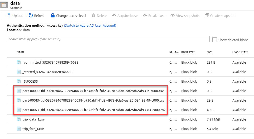 Showing the listing of part CSV files