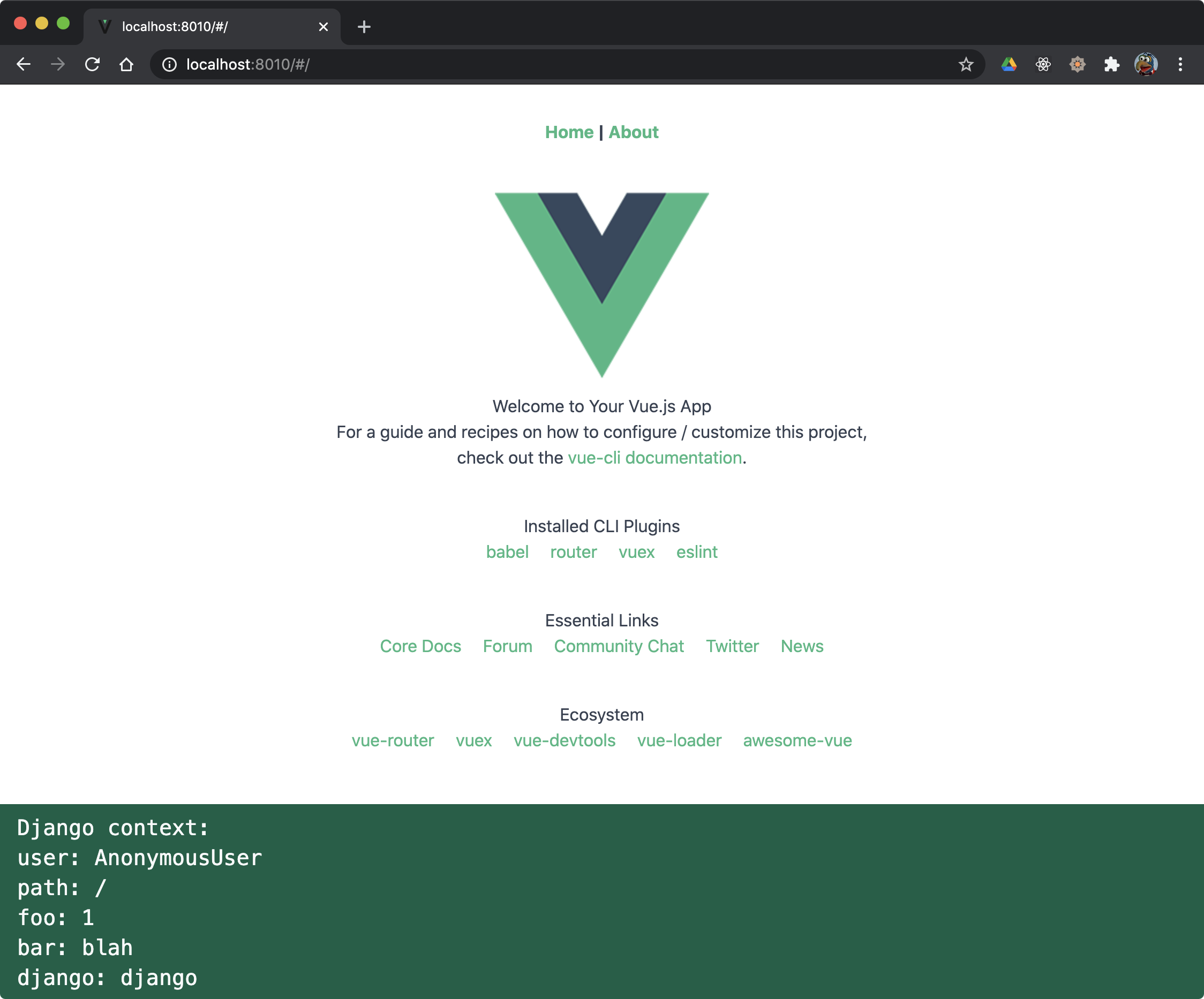 screenshot of Vue running on top of Django