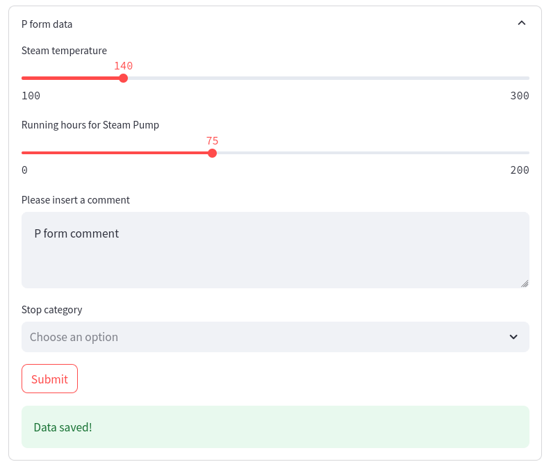 Screenshot of p-form created manually. Has optional downtime reasons