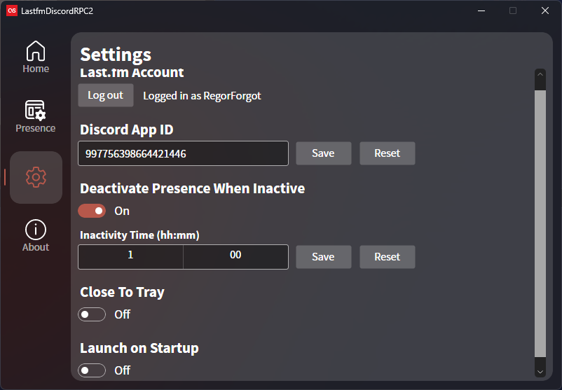 Settings panel