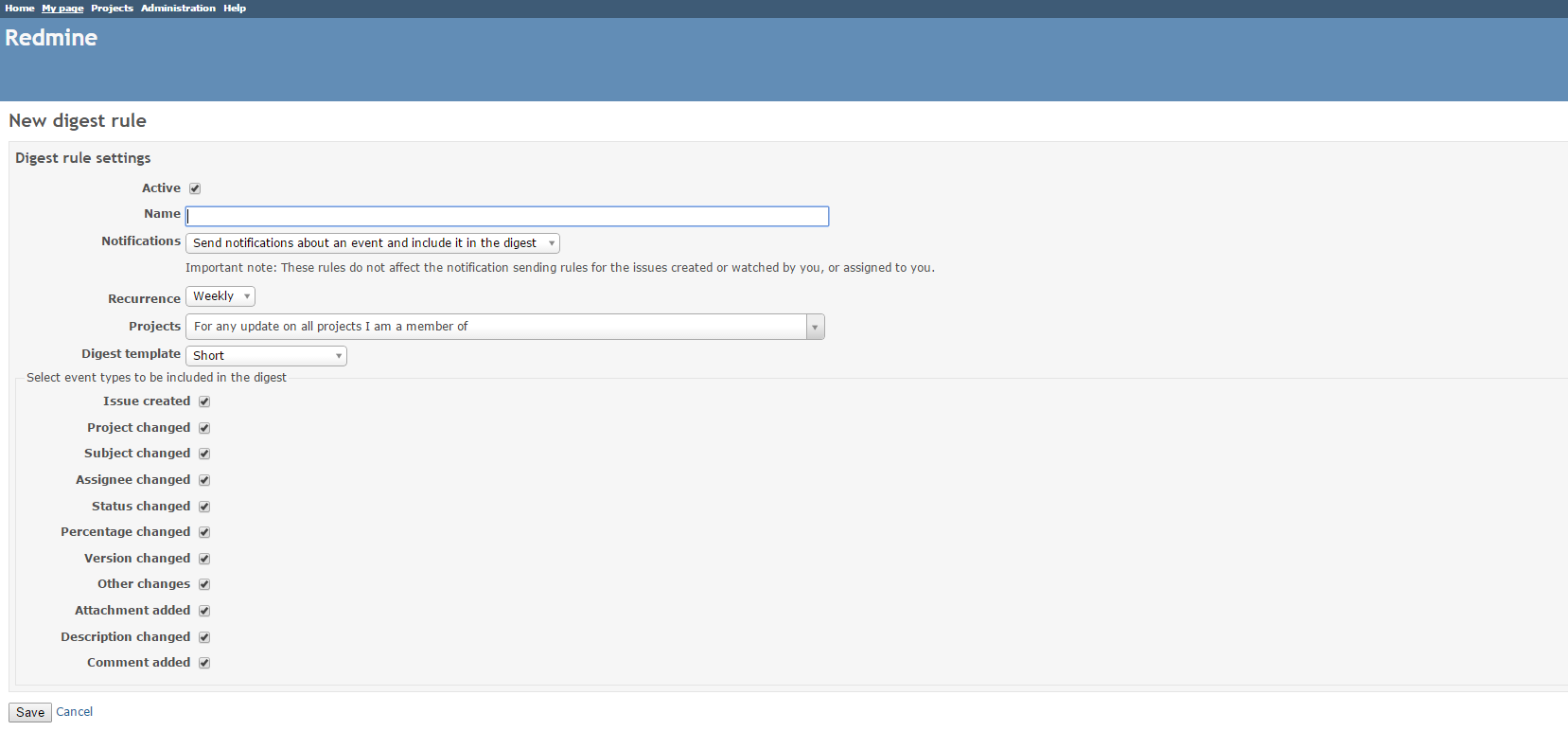 Digest rule settings