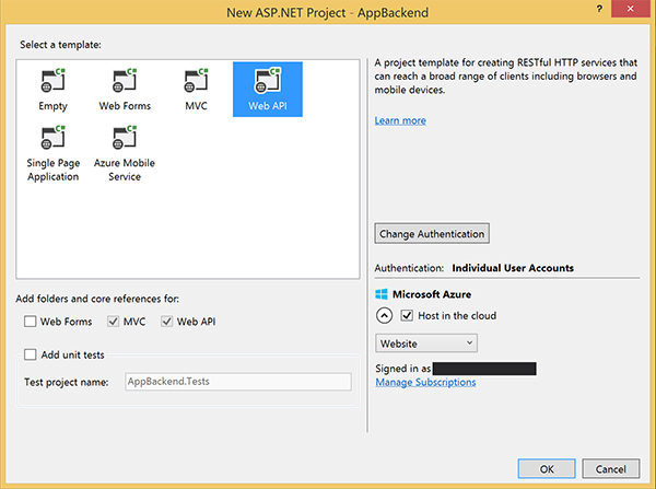 The New ASP.NET Project window