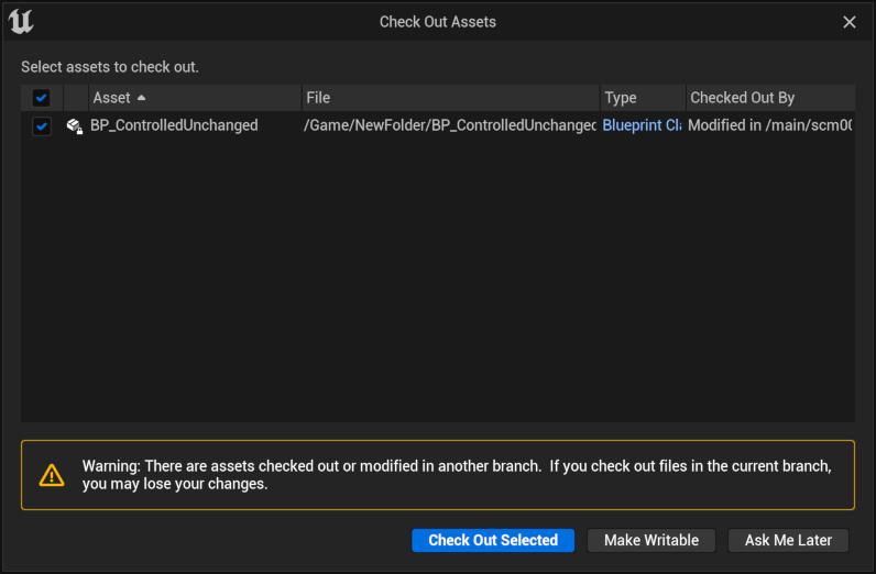 Warning on modification for an asset modified in another branch