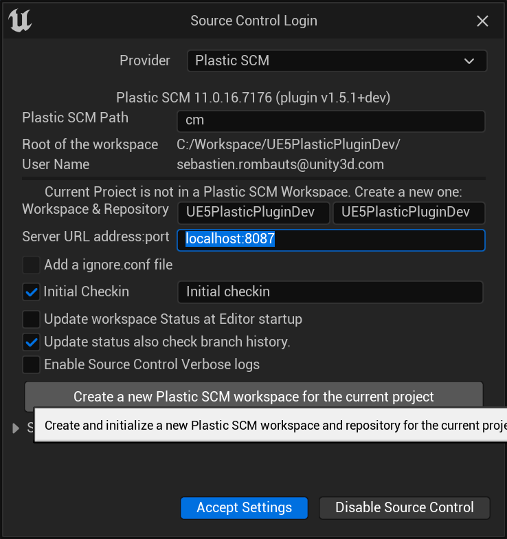 Source Control Login window - create a new workspace on localhost