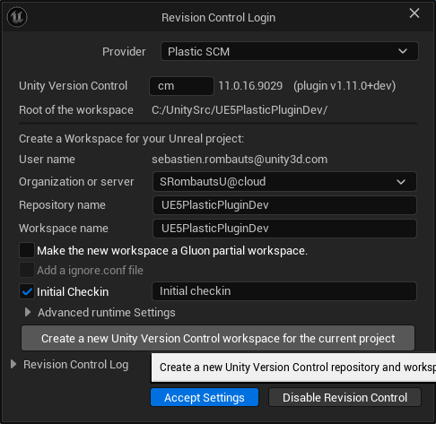 Source Control Login window - create a new workspace on cloud