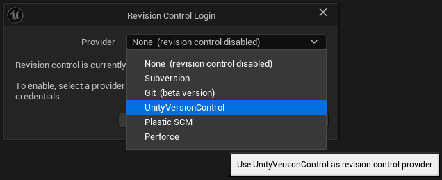 Source Control Connect - Select Provider - UnityVersionControl