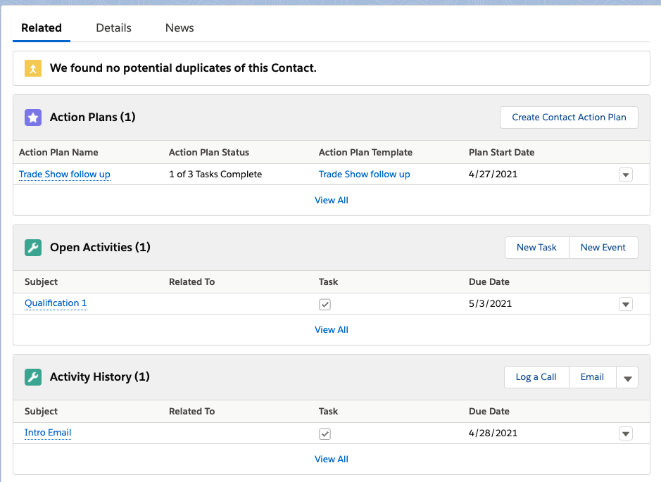 Contact related lists showing Action Plans for the Contact and one open and one closed task