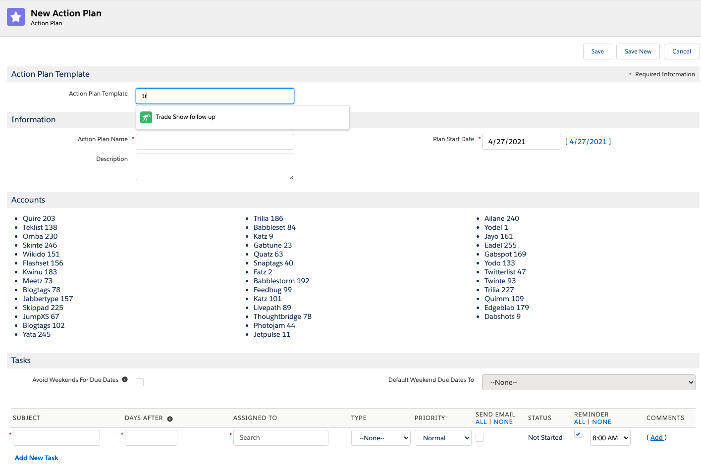 Action Plan creation screen with 50 sample records indicated on the page layout