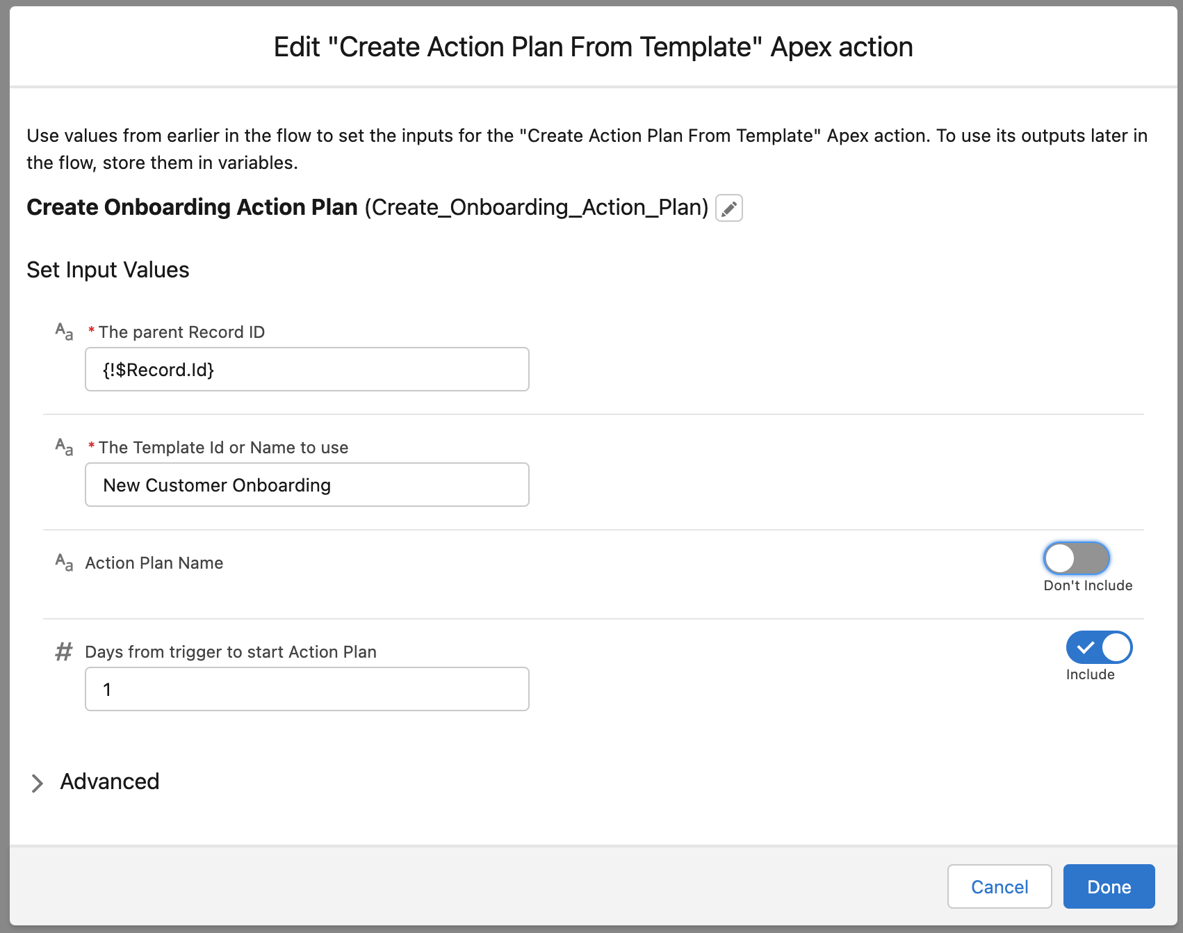 Set input variables for the Flow action