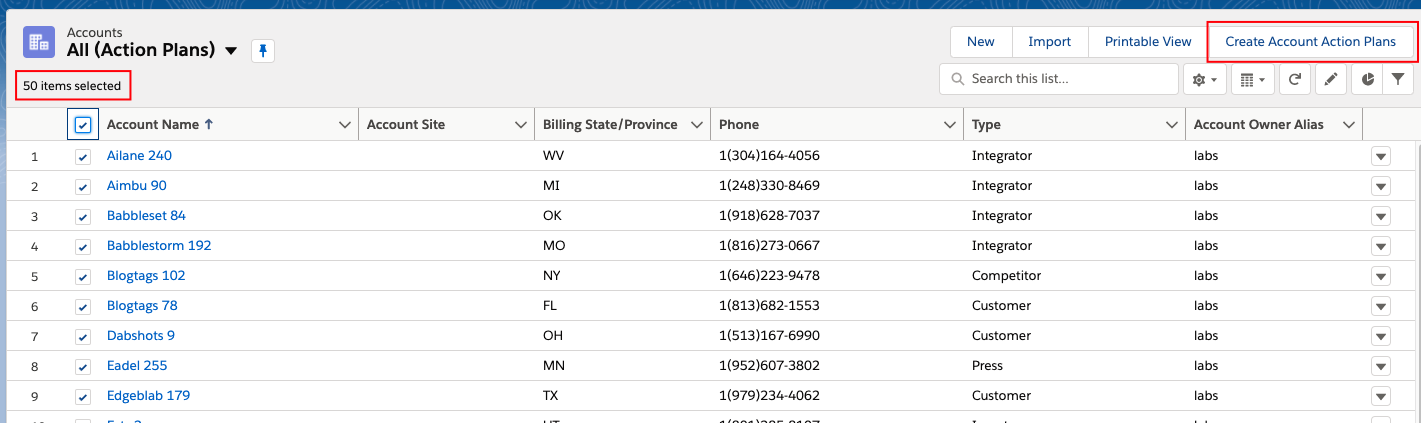 List view of Accounts with 50 selected. The "Create Account Action Plans" button is highlighted