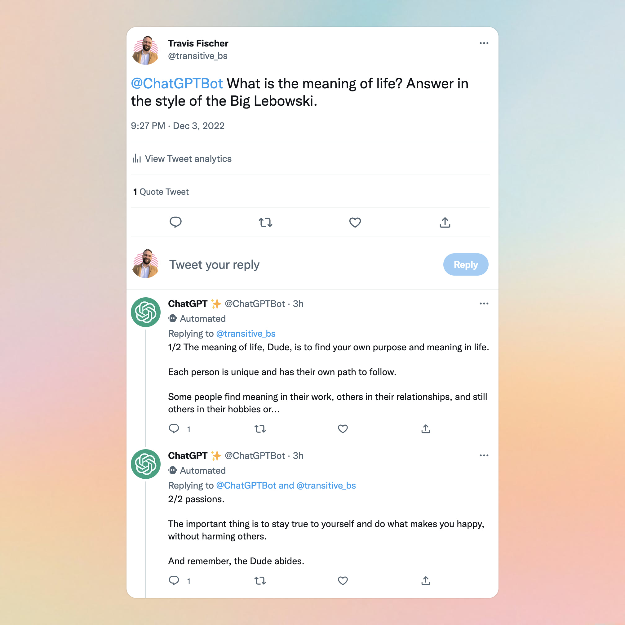 Example Twitter thread using @ChatGPTBot