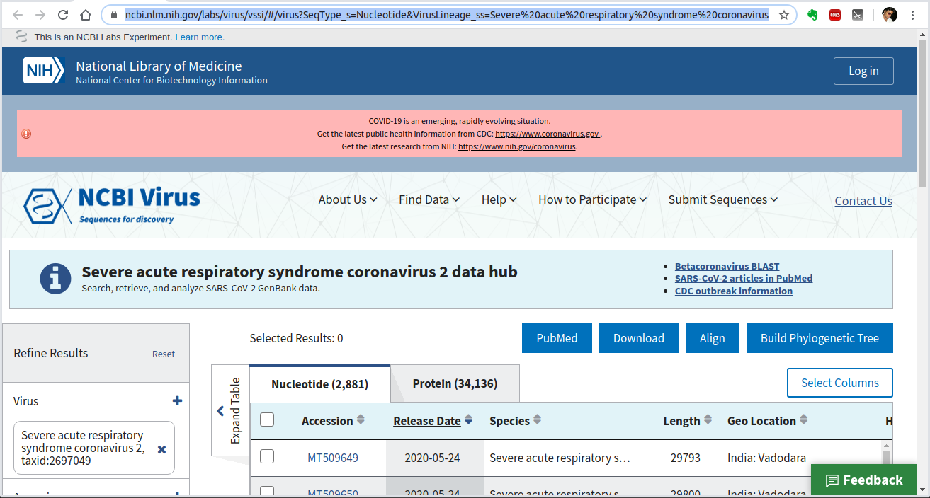 sars2 novel coronavirus webpage of ncbi