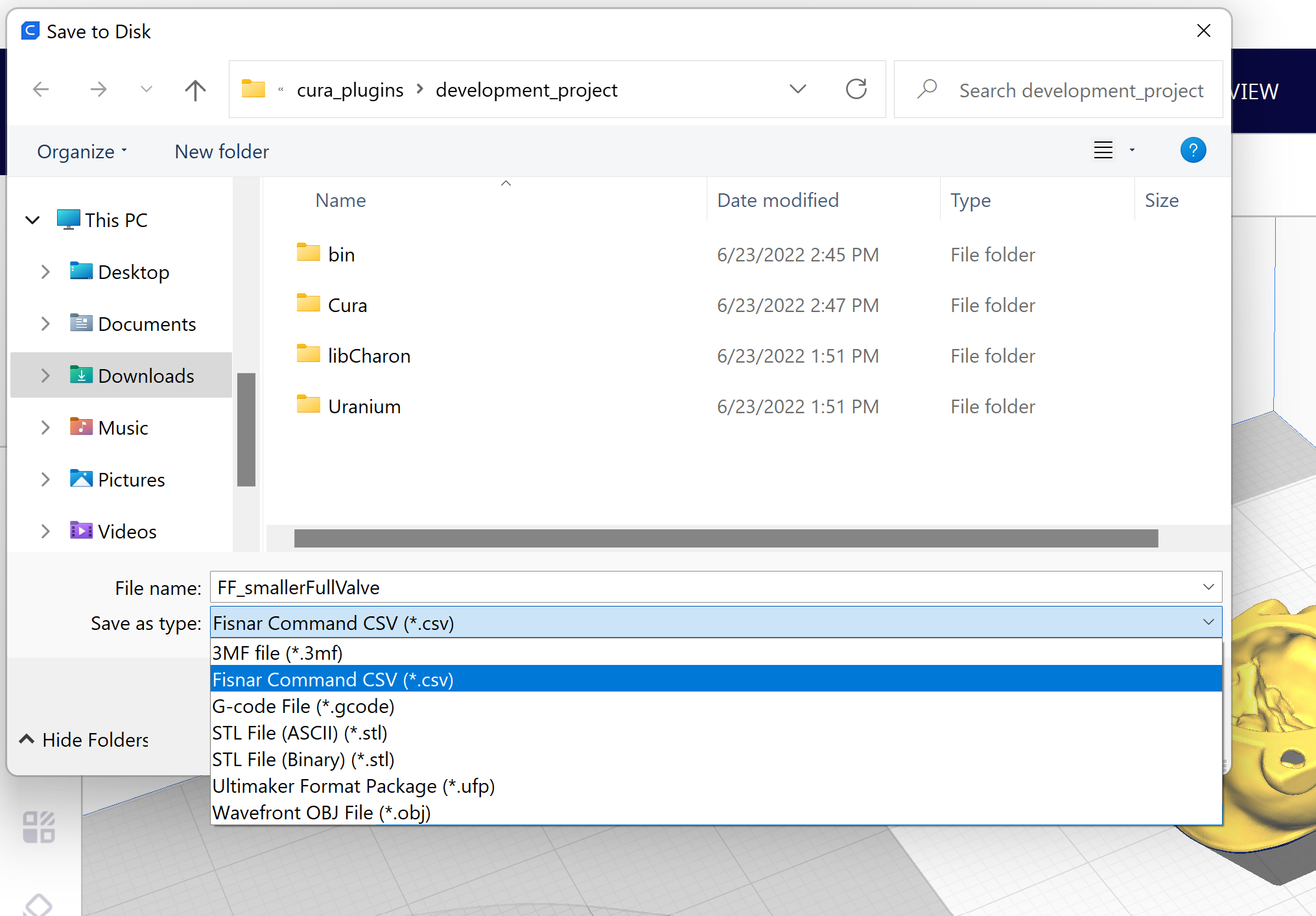 file saving interface showing 'Fisnar Command CSV' format option