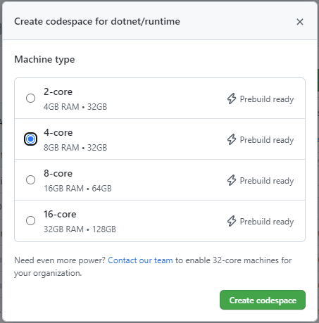 Codespace machine size