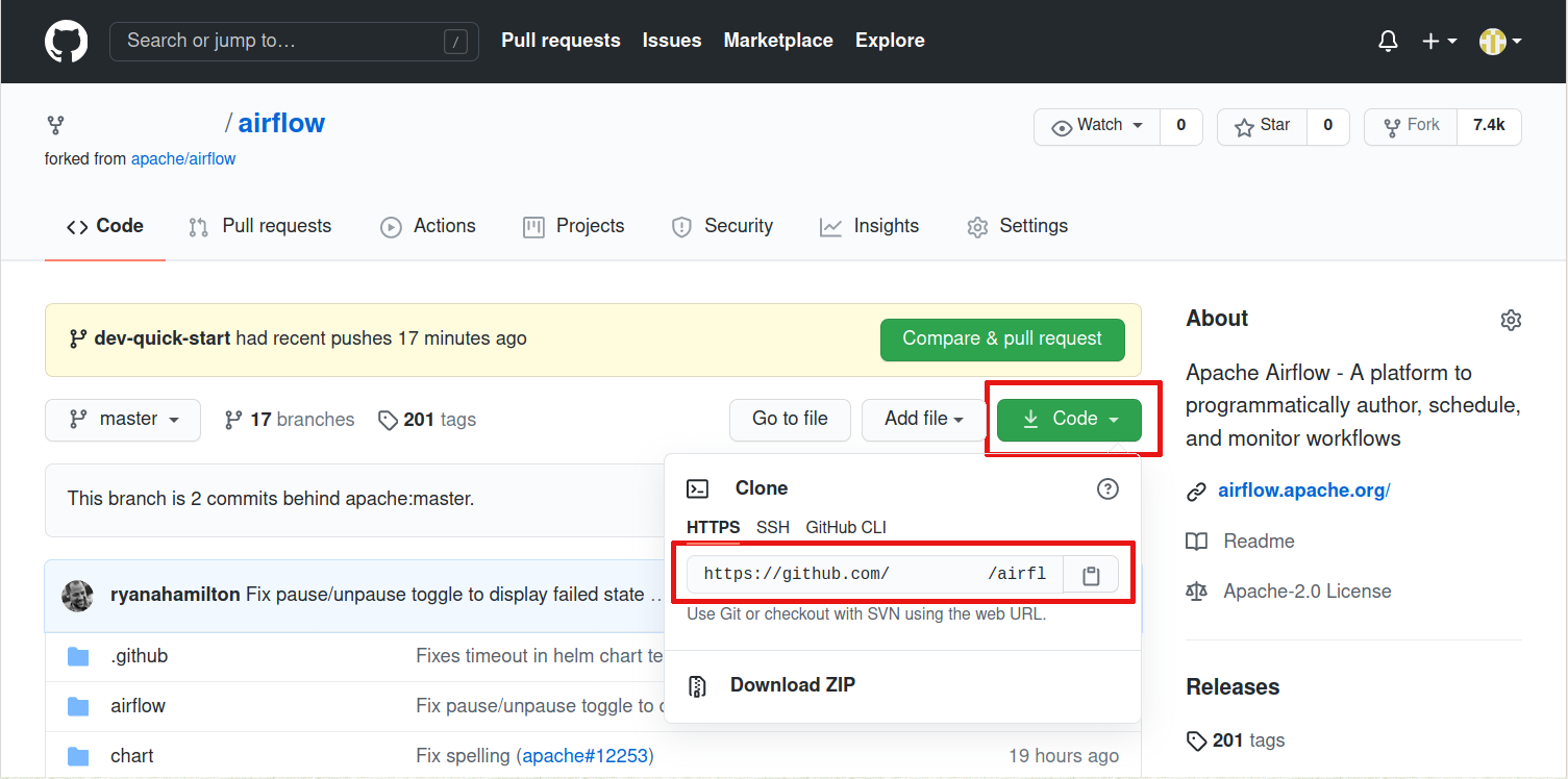 Cloning github fork of Apache airflow