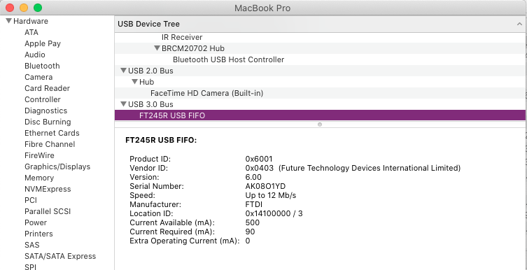 The macOS System Information window showing an FTDI device connected to a USB3 port