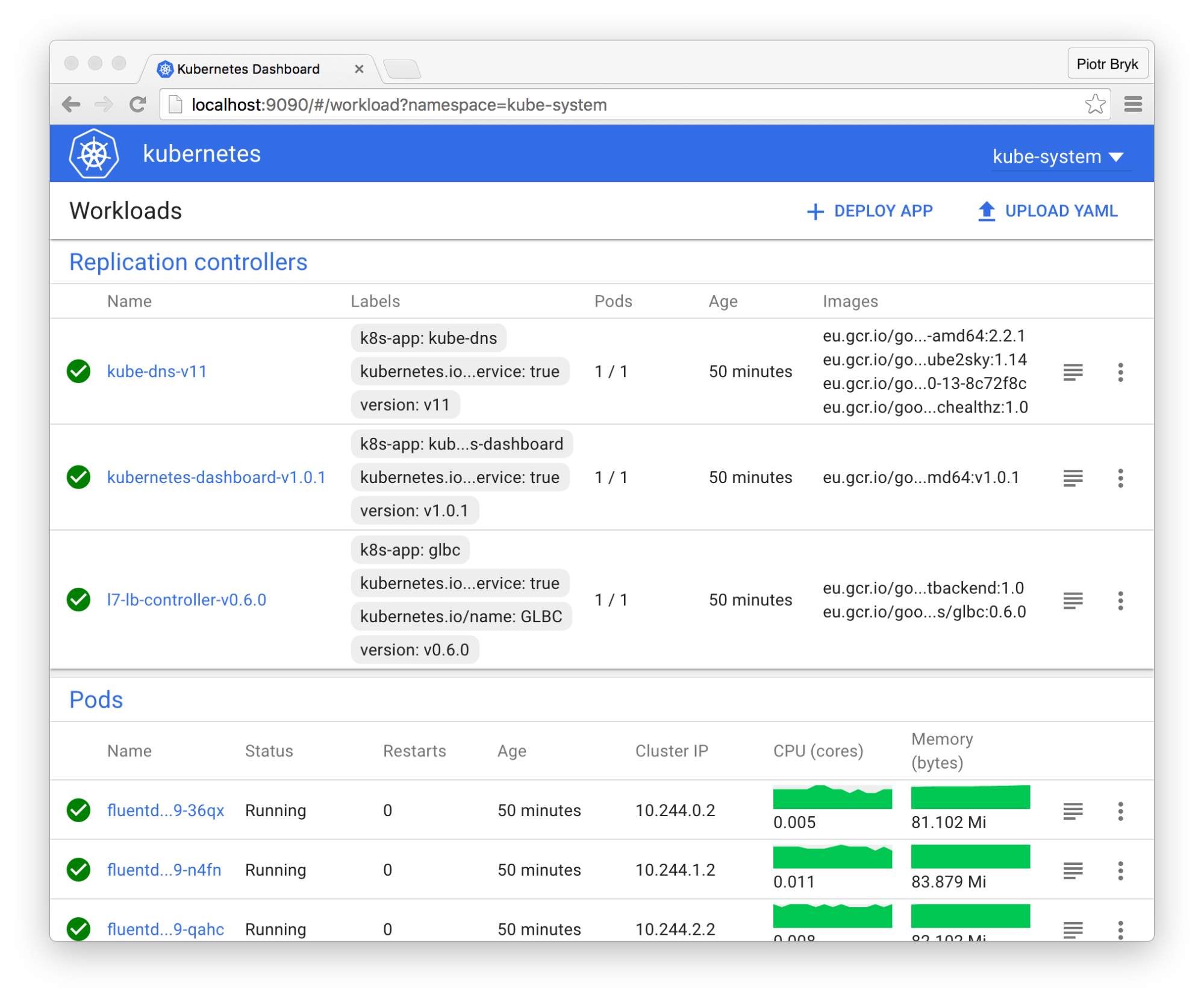 Dashboard UI workloads page