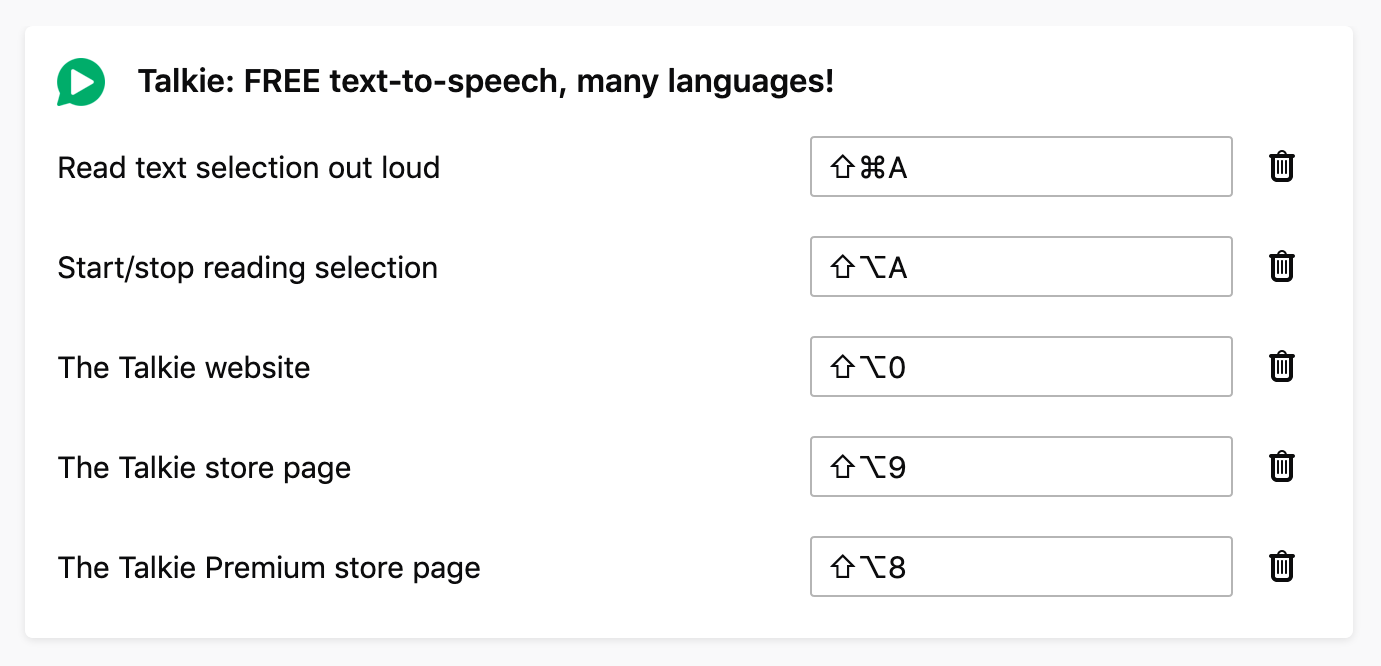 Screenshot of the Manage Extension Shortcuts window in Firefox, focusing on Talkie shortcuts