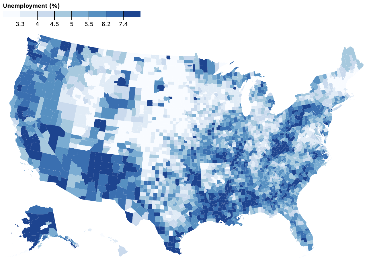 A choropleth of unemployment rate by U.S. county