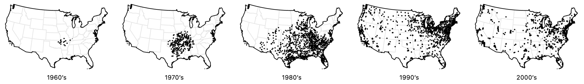 A dot map of Walmart store openings faceted by decade