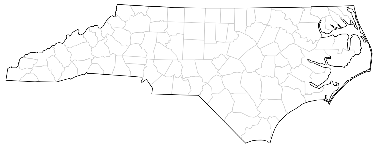 an unlabeled map showing the outline and counties of North Carolina