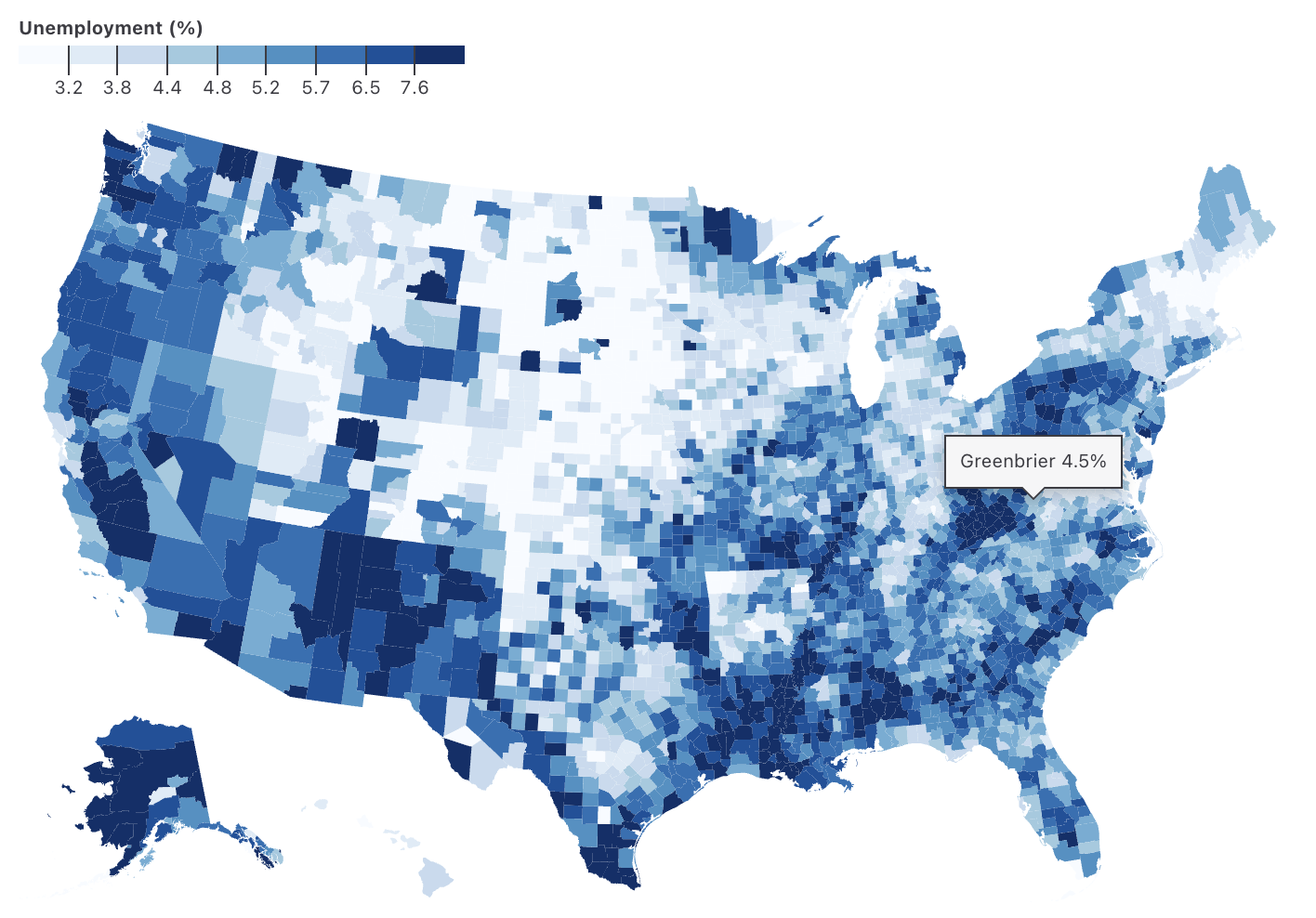 a choropleth map of unemployment by U.S. county