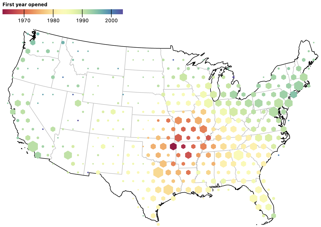 A bivariate hexbin map of Walmart store openings; within each hexagonal area, size indicates the number of Walmart store openings, and color indicates the year of the first opening