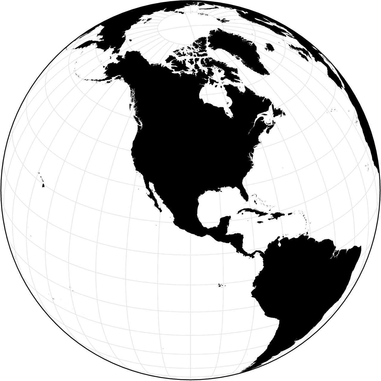 A world map using the orthographic projection, centered somewhere around San Antonio, Texas