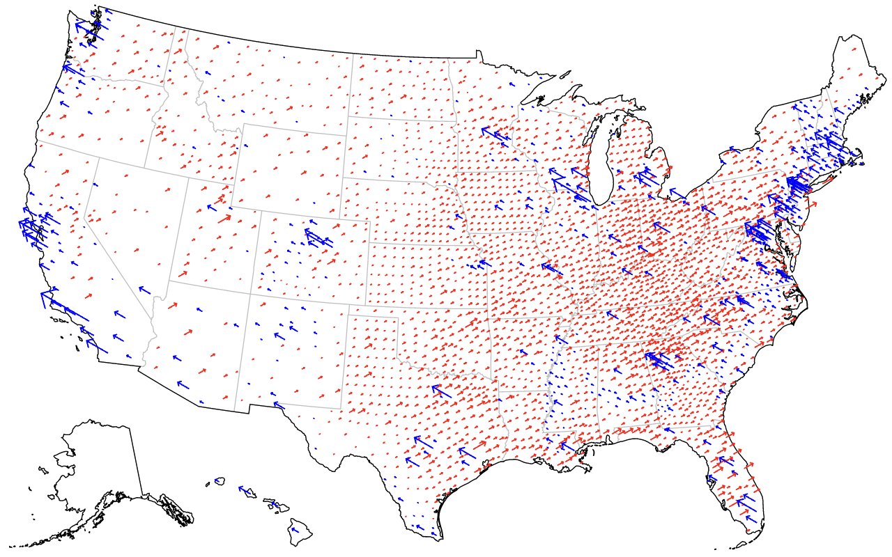 An arrow map showing the county-level vote margins in the 2020 U.S. presidential election; a margin for Biden is shown as a blue left-pointing arrow, and a margin for Trump is shown as a red right-pointing arrow