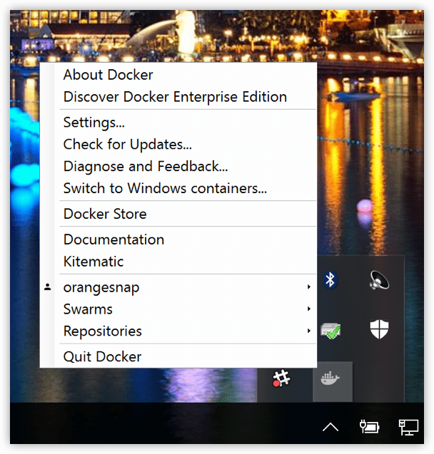 Docker for Windows popup menu