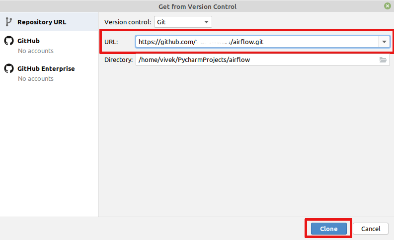 Cloning github fork to Pycharm