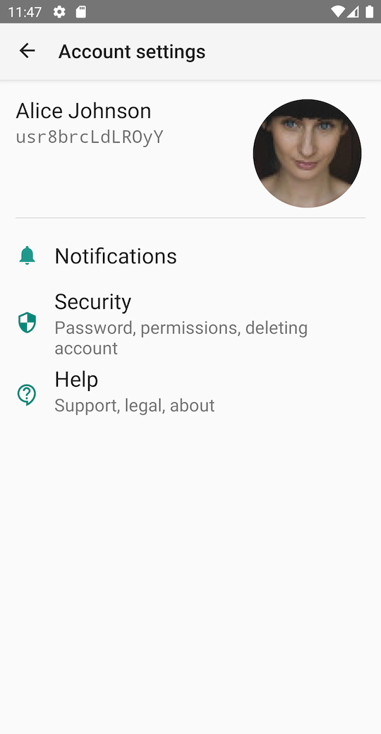 App screenshot - account info