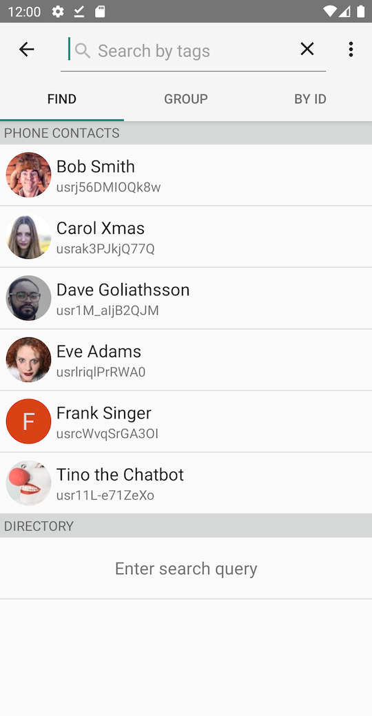 App screenshot - searching for contacts