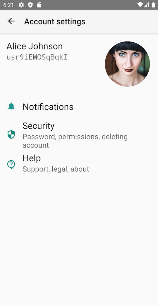 Android screenshot: account settings