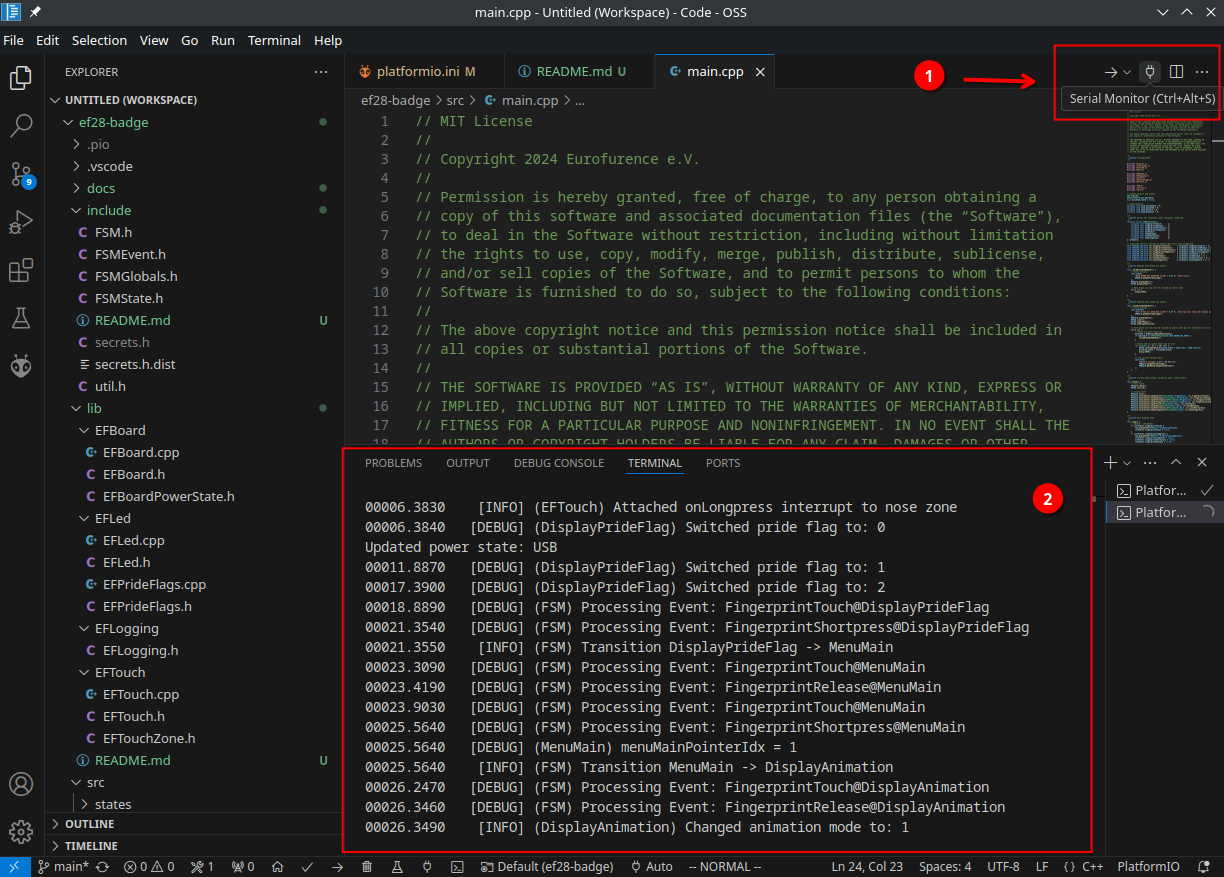 Screenshot: Using the serial monitor of VS Code