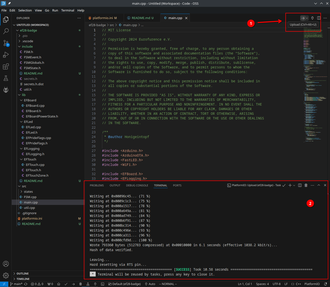 Screenshot: Flashing the firmware via USB using VS Code