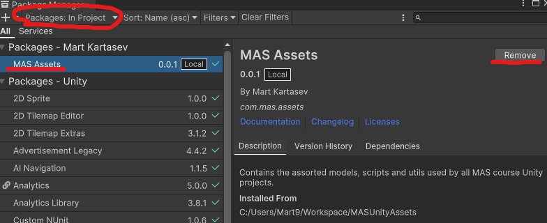 To remove packages, ensure the Packages: filter is set to InProject. Select the MAS Assets package and click Remove on the right hand side panel that appears. 