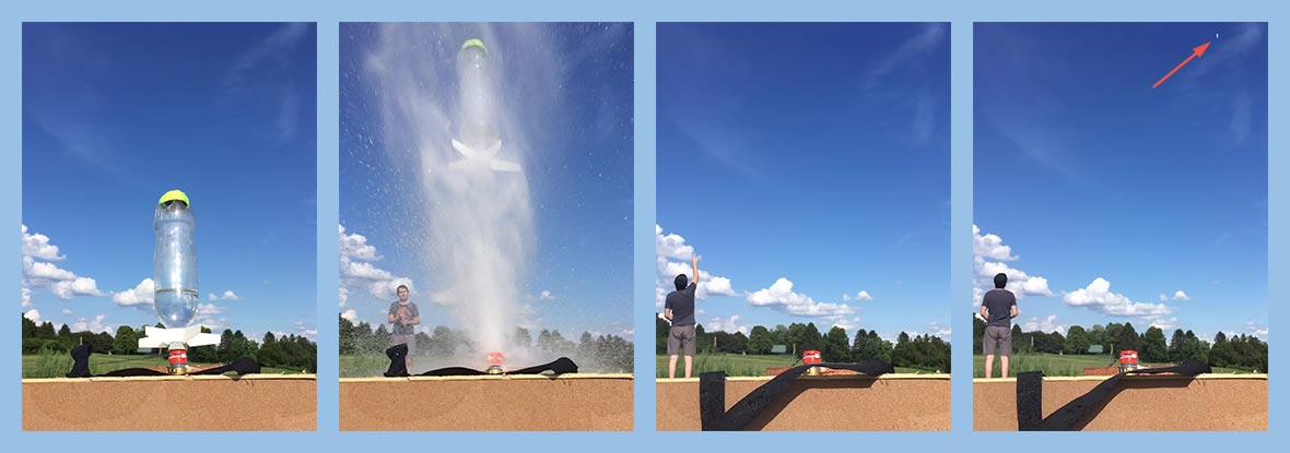 Image strip showing finned Coke-bottle water-rocket launch