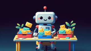 Dall-e 3 generated image: A friendly smiling robot sitting on a table, busily sorting mails into paper trays, with plants in the picture, colorful flat style, dark background