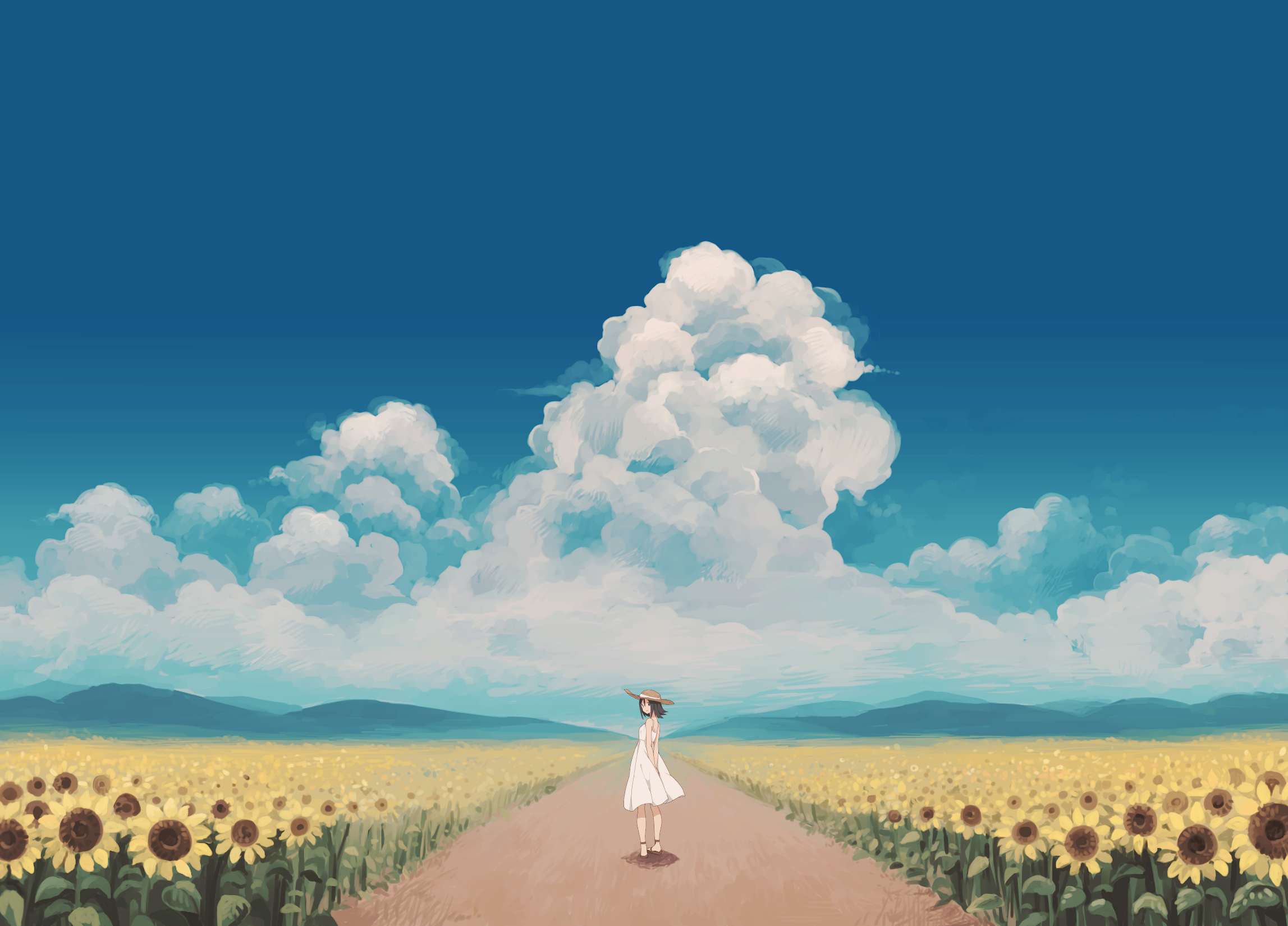 a_woman_standing_on_a_road_with_sunflowers