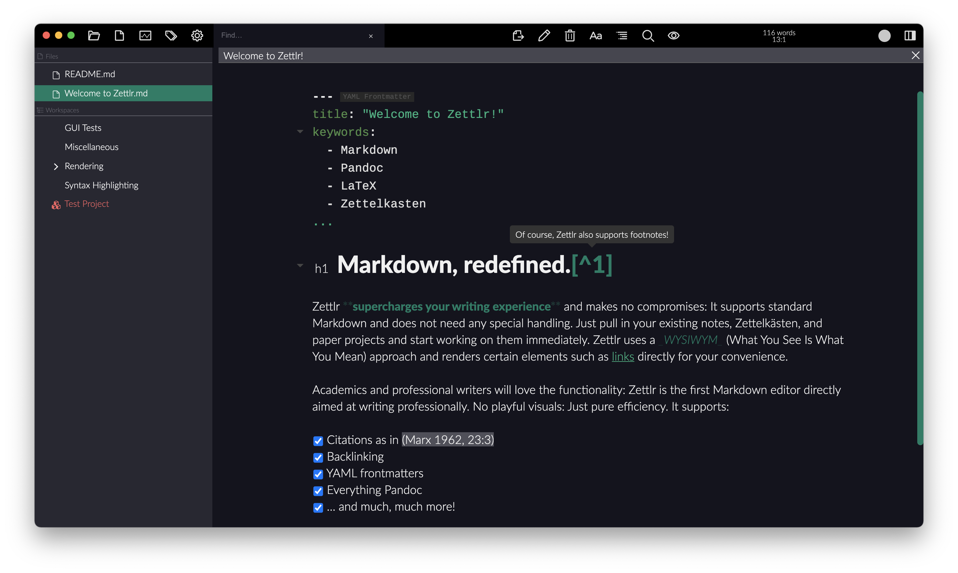 The central window of Zettlr using the Night Theme