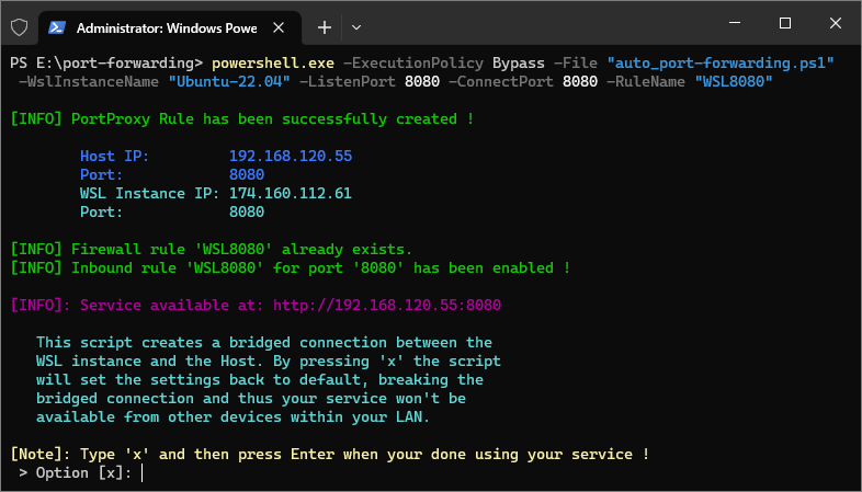 Demo of the WSL2 Port Forwarding Script