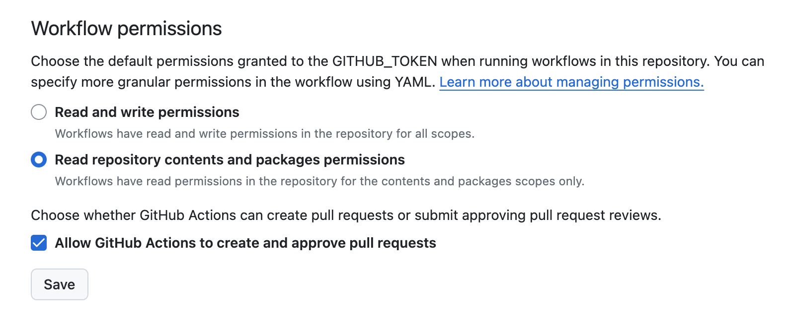 A screenshot of Github action setting to allow Github Actions to create PR's