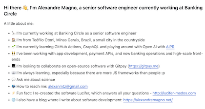 A screenshot of a README.md file from the profile repository of Alexandre Magno